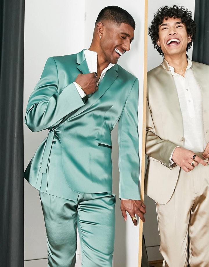Asos Design Wedding Slim Suit Jacket With Tie Detail In Dark Green