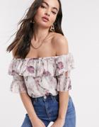 River Island Floral Print Ruffle Bardot Top In Pink-white