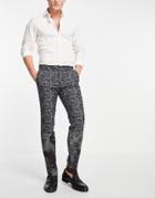 Twisted Tailor Suit Pants In Navy Jacquard With Crane And Floral Border Detail