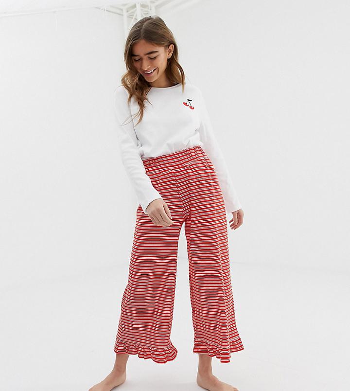 Asos Design Petite Mix & Match Cherry Stripe Frill Pyjama Pants - Multi