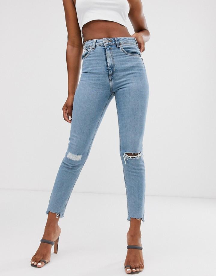 Asos Design Farleigh High Waisted Slim Mom Jeans In Light Vintage Wash With Slashed Rips & Raw Hem Detail-blue