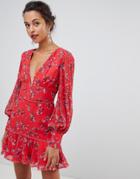 Keepsake Heart And Soul Floral Ruffle Long Sleeve Mini Dress-red