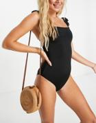 Monki Ella Recycled Frill Strap Swimsuit In Black