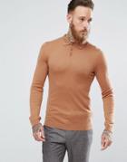 Asos Knitted Muscle Fit Polo In Tan - Tan