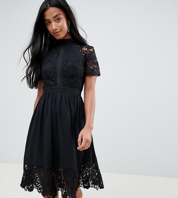 Chi Chi London Petite Lace Detail Skater Dress In Black