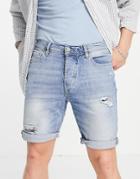 River Island Slim Denim Shorts With Rips In Mid Blue-blues