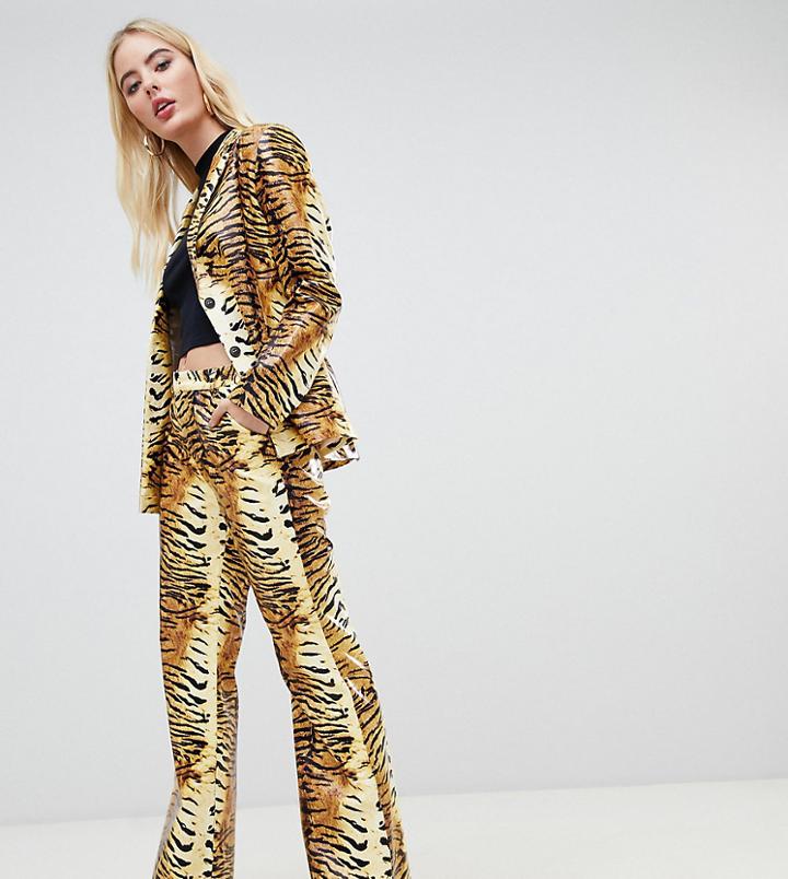 Unique21 Oversized High Waisted Flared Pants In Pu Tiger Print Two-piece - Brown