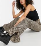 Naanaa Tall High Waisted Split Hem Tailored Pants In Brown Houndstooth