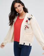 Amy Lynn Cardigan With Floral Embroidery And Pocket Detail - Cream
