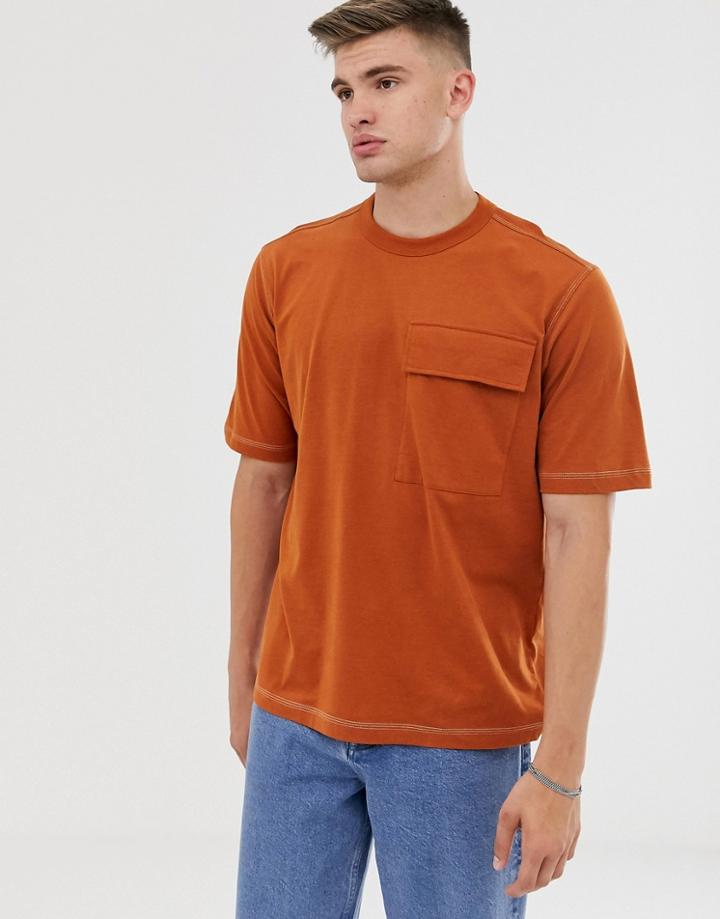 Asos White Loose Fit T-shirt In Tan With Contrast Stitching-brown