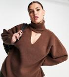 Asos Design Curve Knitted Cut Out Neck Sweater In Brown Brushed Yarn