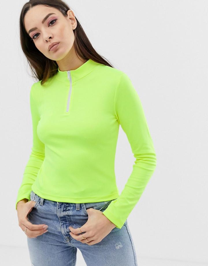 Asos Design High Neck Top With Zip In Neon Green - Green