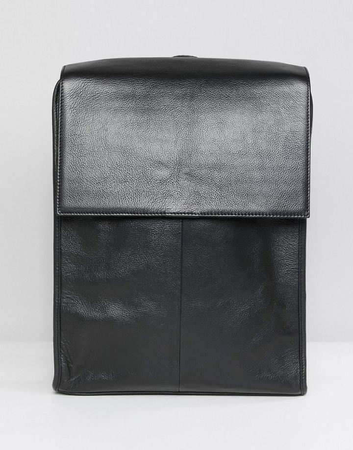 Asos Design Leather Backpack In Black With Fold Over Top - Black