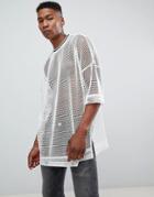 Asos Design Extreme Oversized Super Longline T-shirt In Mesh With Tipping - White