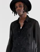 Asos Design Regular Fit Black Sheer Shirt With Front Embroidery - Black