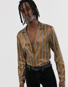 Asos Design Long Sleeve Regular Fit Stripe Shirt In Gold Satin