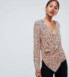 Asos Design Tall Top With Wrap Plunge Neck In Animal Print - Multi
