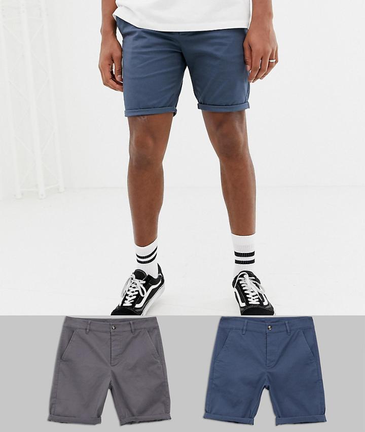 Asos Design 2 Pack Skinny Chino Shorts In Dark Blue & Gray Save-multi