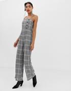Unique21 Checked Jumpsuit With Buttons And Waist Belt-gray