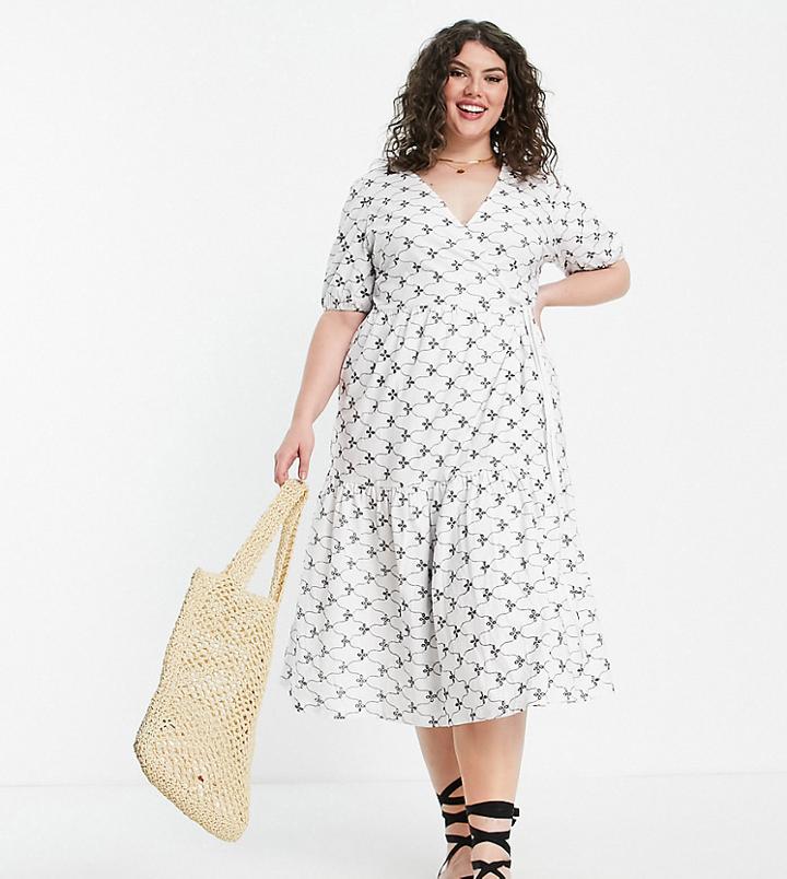 Asos Design Curve Eyelet Short Sleeve Tiered Wrap Midi Dress In White And Black Contrast