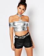 The Ragged Priest Cold Shoulder Top With D-ring Neck Detail - Silver