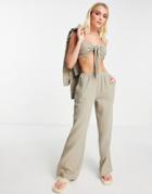 Asos Design Pull On Wide Leg Pants In Khaki Cheesecloth - Part Of A Set-green