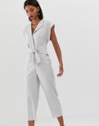 Asos Design Tie Waist Linen Collar Jumpsuit-gray