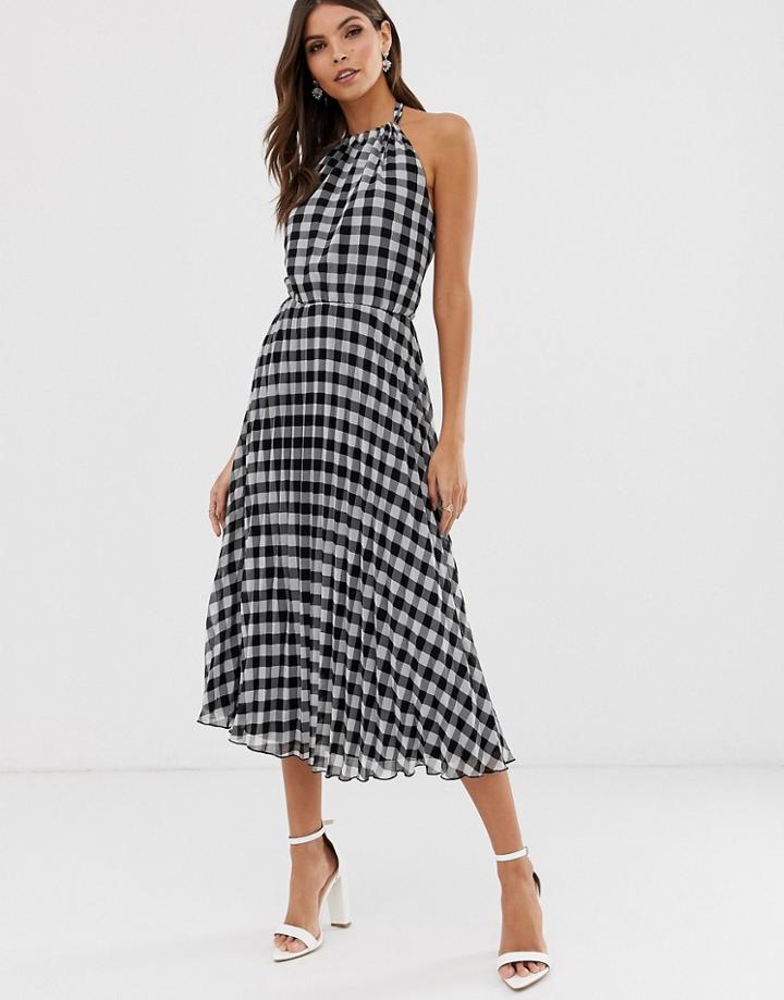 Asos Design Halter Neck Pleated Midi Dress In Gingham - Multi