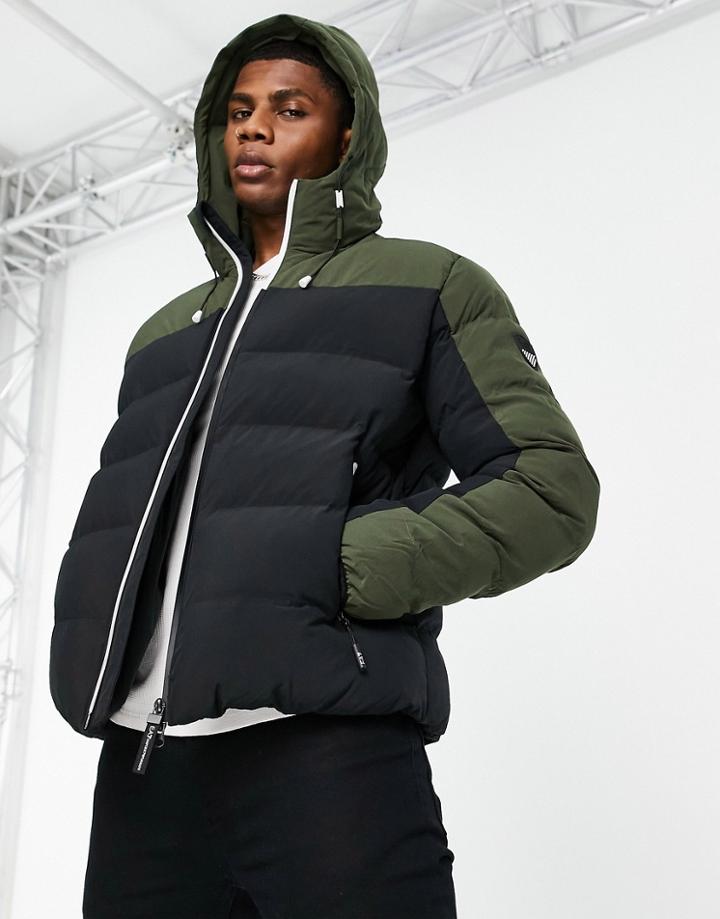 Armani Ea7 Train Athletic Color Block Puffer Jacket In Black/khaki