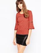Vero Moda 3/4 Sleeve Bell Sleeve Top With Embroidered Detail - Henna