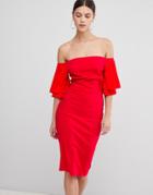 Vesper Short Sleeve Bardot Dress - Red