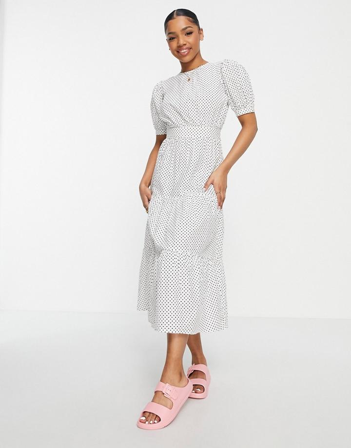 Influence Open Back Tiered Midi Dress In Polka Dot-white