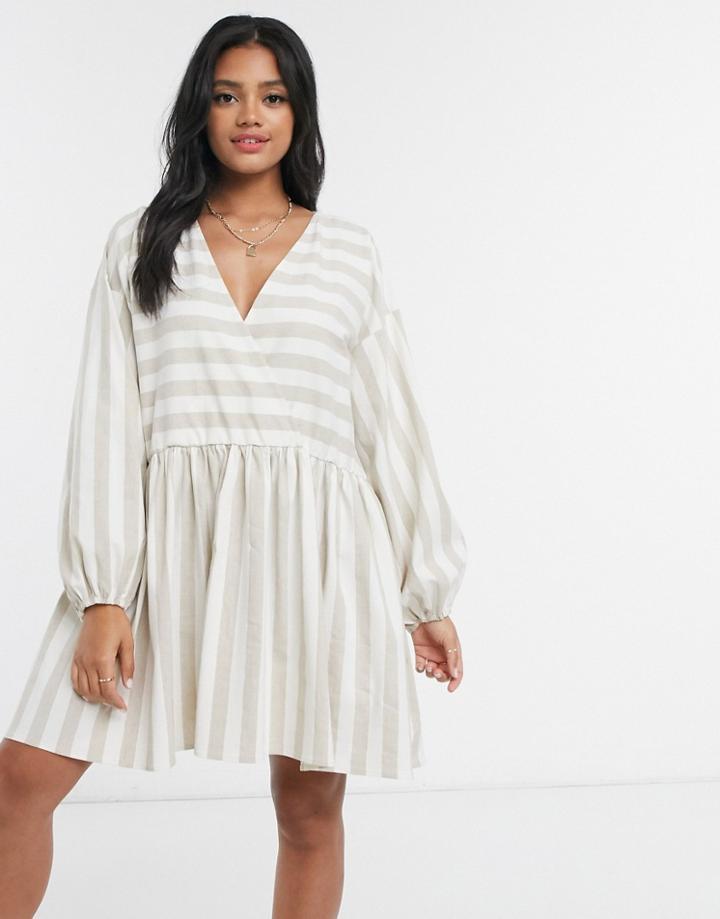 Asos Design Casual Oversized Mini Smock Dress In Natural Stripe-multi