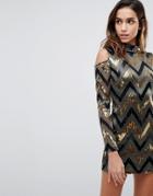 Ax Paris Chevron Multi Sequin Cold Shoulder Party Dress - Gold