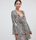 Influence Tall Flared Sleeve Wrap Leopard Print Dress - Brown