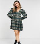 Stradivarius V-neck Smock Dress In Green Check