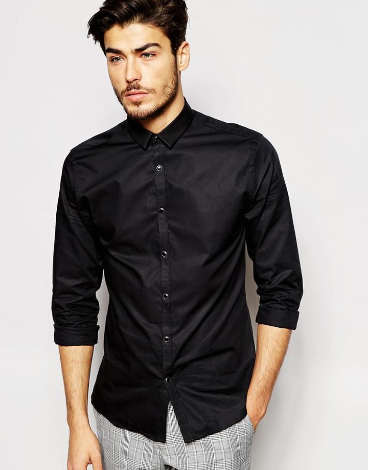 Noak Shirt With Popper Buttons - Black