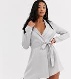 Asos Design Petite Satin Tux Mini Dress With Self Belt-cream