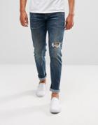 Asos Slim Jeans In Vintage Dark Wash Blue With Knee Rip - Blue