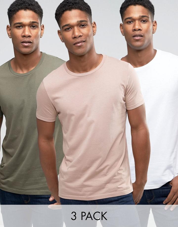 Asos 3 Pack T-shirt In White/beige/khaki - Multi