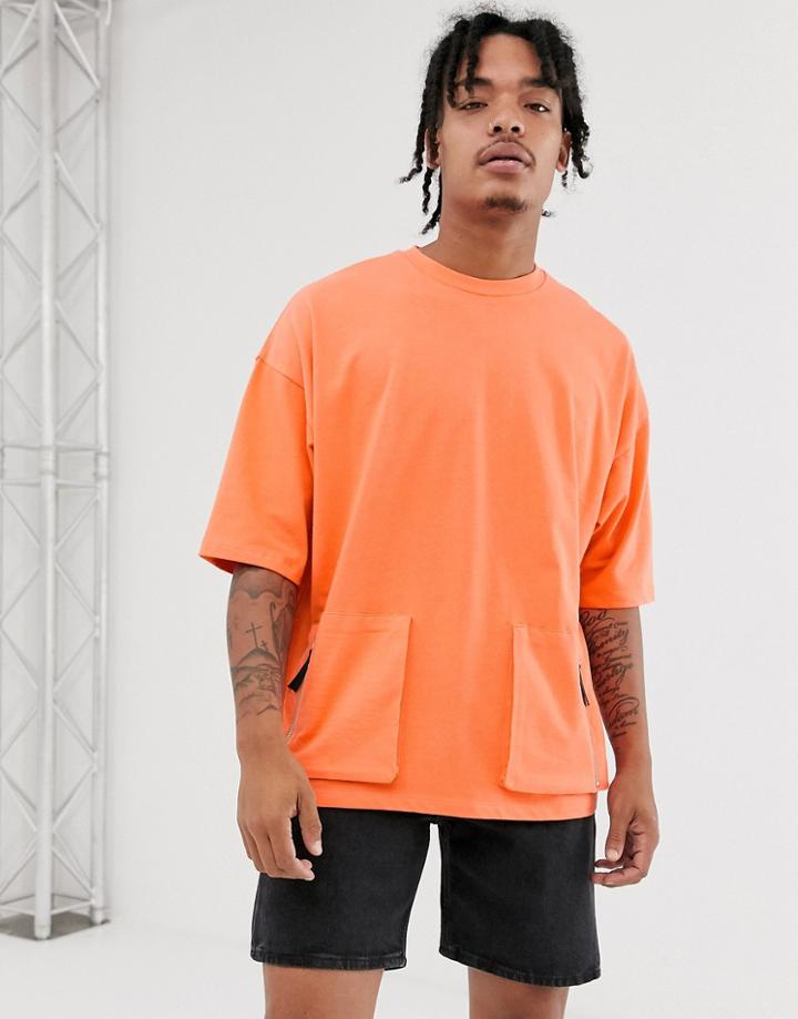 Asos Design Oversized T-shirt With Half Sleeve In Heavyweight Jersey With Utility Pockets - Orange