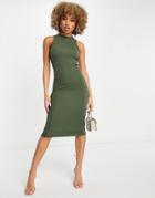 I Saw It First Sleeveless Ribbed Midi Body-conscious Dress In Khaki-green