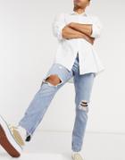 Asos Design Slim Jeans In Vintage Light Wash With Knee Rips-blue