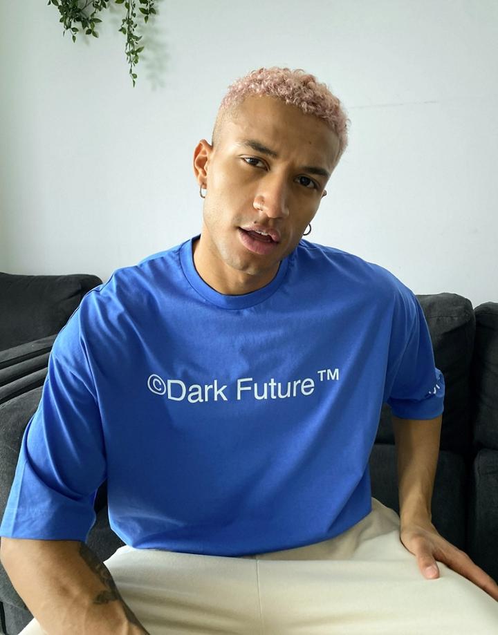 Asos Oversized T-shirt With Printed Logo In Blue-blues