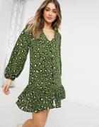 Asos Design Button Front Smock Dress In Khaki Animal Print-multi