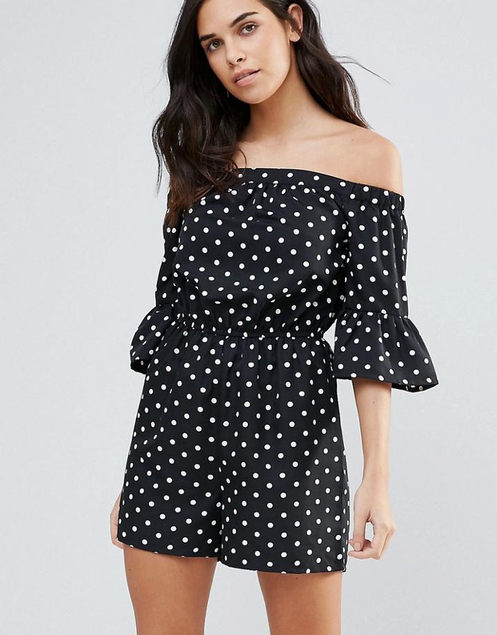 Influence Polka Dot Bardot Romper With Flare Sleeve - Black