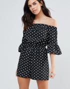Influence Polka Dot Bardot Romper With Flare Sleeve - Black