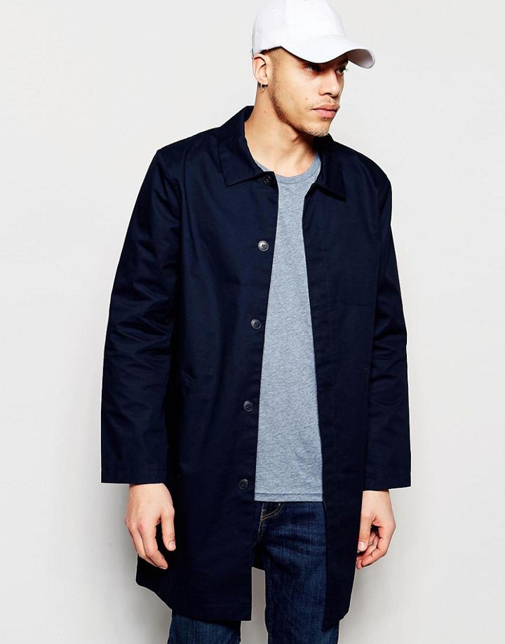 Weekday Island Trench Coat Longline With Collar In Dark Blue - Blue