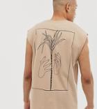 Asos Design Tall Oversized Tank With Back Hand And Palm Tree Print - Beige