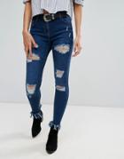 Parisian Frayed Hem Distressed Jeans - Blue